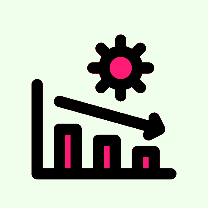 Chunky black-outlined icon with a bar chart and a decreasing trend arrow plus a Coronavirus ball